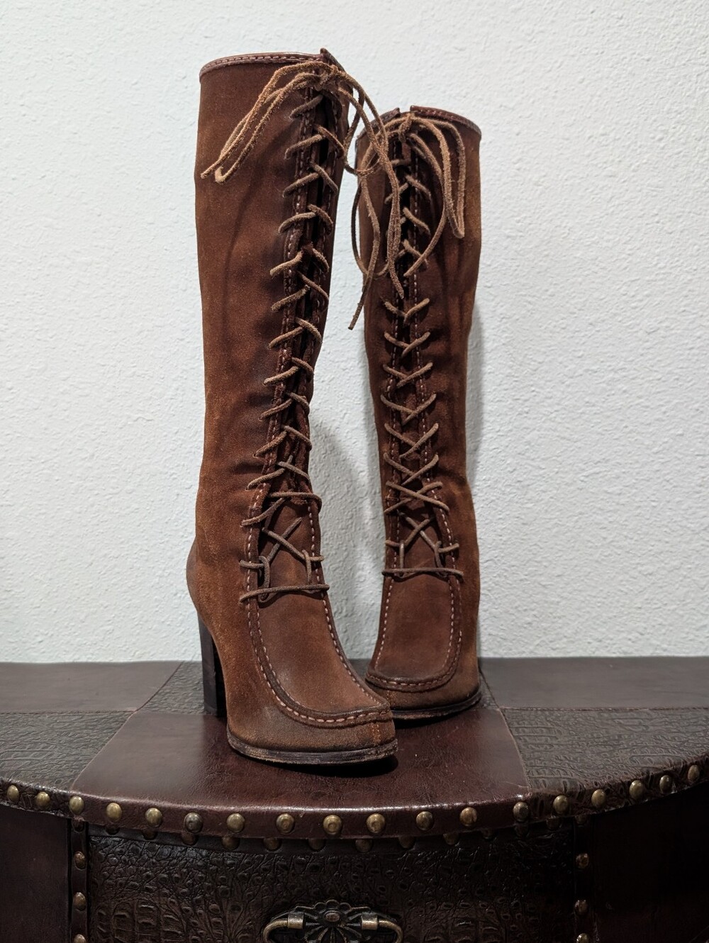 FRYE Parker Moccasin Lace Up Tall Knee High Zip Brown Suede Leather Boots